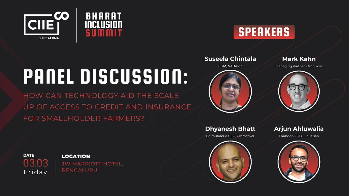IIMA Ventures (@iimaventures) on Twitter photo Join Susheela Chintala, <a href="/agri_technology/">(((Mark Kahn))) ๐ Omnivore ๐</a>, <a href="/DhyaneshTweets/">Dhyanesh Bhatt</a>, and <a href="/arjunahluwalia9/">Arjun Ahluwalia</a> on 3rd March at the Bharat Inclusion Summit to learn how Fintechs can improve access to affordable credit and insurance for smallholder farmers.
Register at: bharatinclusionsummit.com Join Susheela Chintala, <a href="/agri_technology/">(((Mark Kahn))) ๐ Omnivore ๐</a>, <a href="/DhyaneshTweets/">Dhyanesh Bhatt</a>, and <a href="/arjunahluwalia9/">Arjun Ahluwalia</a> on 3rd March at the Bharat Inclusion Summit to learn how Fintechs can improve access to affordable credit and insurance for smallholder farmers.
Register at: bharatinclusionsummit.com