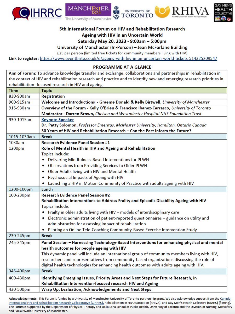 CIHRRC (@cihrrc) on Twitter photo Our 5th Forum on #HIV and #Rehabilitation is just over 3 months away! We can’t wait to learn from brilliant experts, including two of our event organizers, <a href="/Kelly_B5/">Dr Kelly Birtwell</a> and Dr. Graeme Donald, who will speak about mindfulness interventions. Register here: eventbrite.co.uk/e/ageing-with-…. Our 5th Forum on #HIV and #Rehabilitation is just over 3 months away! We can’t wait to learn from brilliant experts, including two of our event organizers, <a href="/Kelly_B5/">Dr Kelly Birtwell</a> and Dr. Graeme Donald, who will speak about mindfulness interventions. Register here: eventbrite.co.uk/e/ageing-with-….
