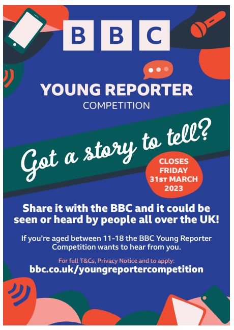 What stories do you think BBC programmes and platforms should be reporting?

If you're 11-18 years old and have a great story to share, the BBC want to hear it!

The #BBCYoungReporterCompetition is open for entries until Friday 31 March 2023 at 23:59

➡️ bbc.co.uk/youngreporterc…