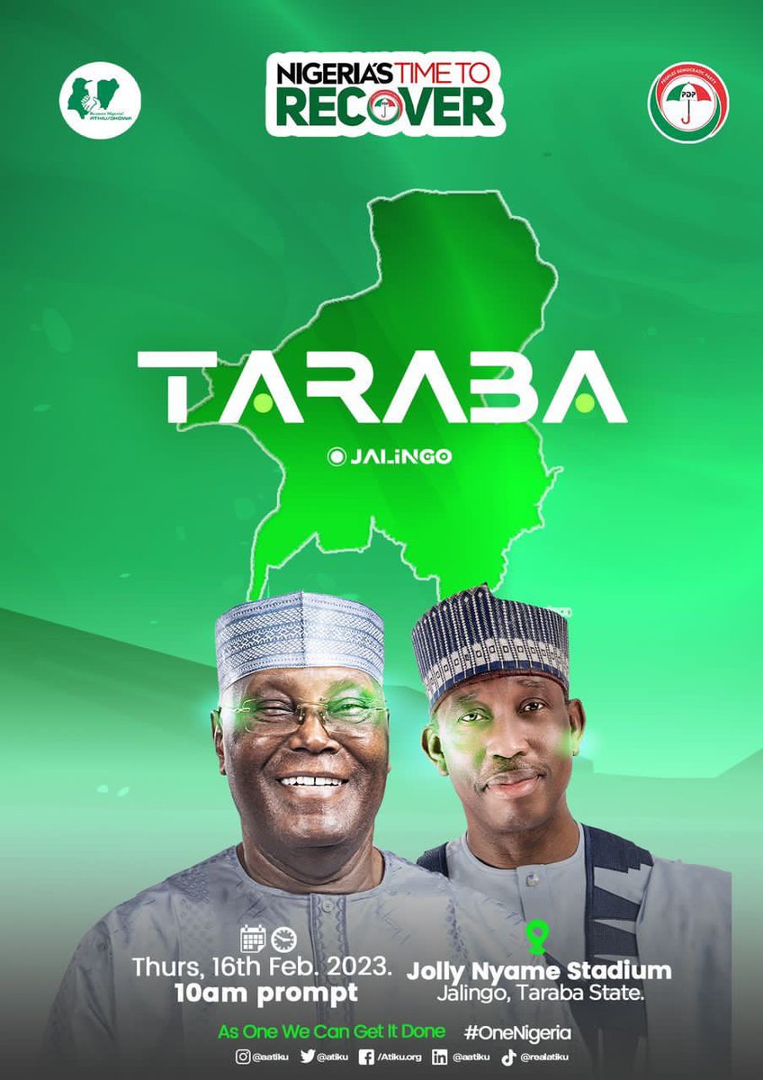 stephengreat151's tweet photo. Taraba State, good morning, are you ready? D unifier, Atiku Abubakar &amp; his #RecoverNigeria team are here in the “Nature's Gift to the Nation” for d PDP Presidential Campaign Rally. Join us at d Jolly Nyame Stadium, Jalingo, today by 10Am and all d Party’s Handles for Livestream. https://t.co/bJJYxuR2vz