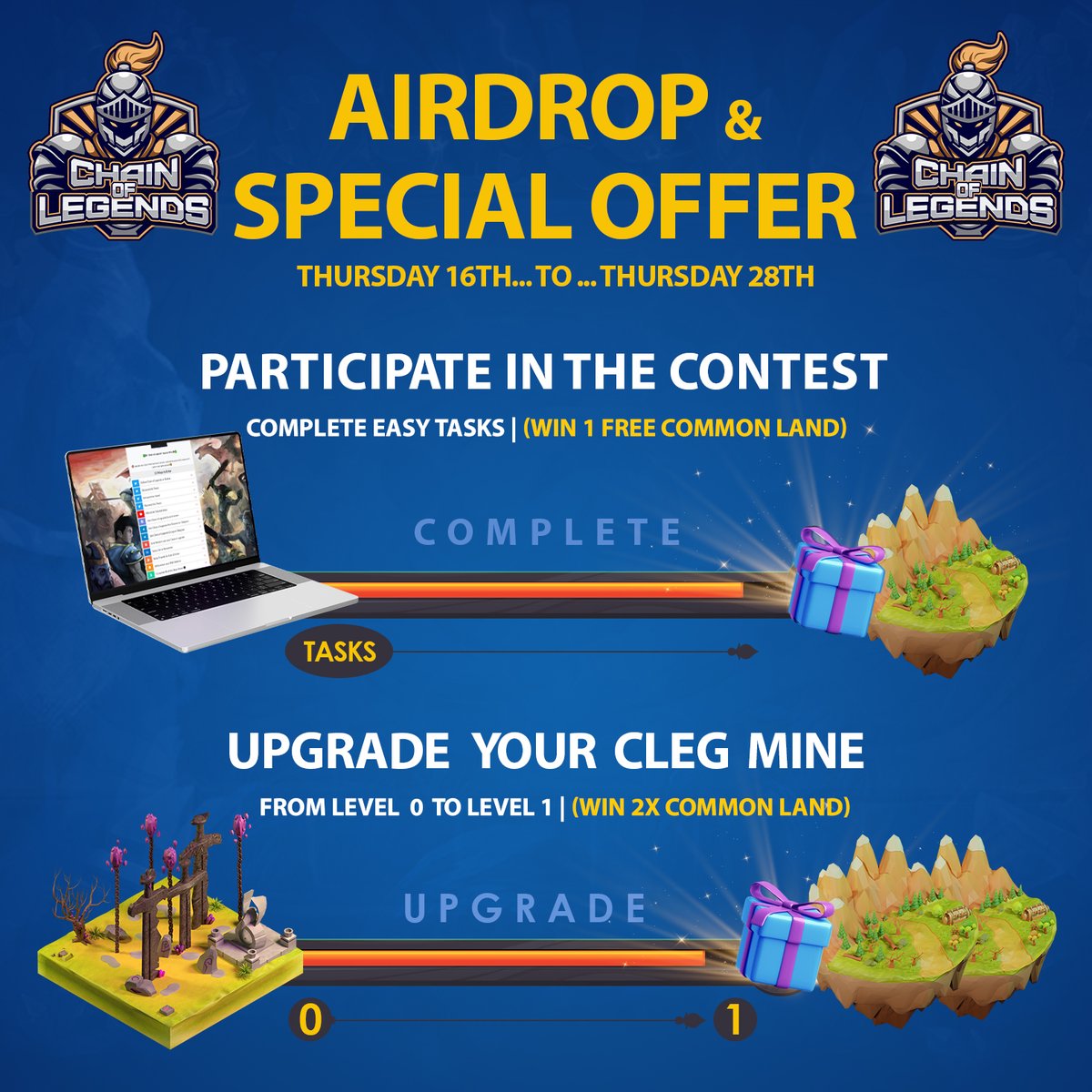 ✅#AIRDROP &amp; SPECIAL OFFER✅

🎁Airdrop: 1X Common #NFT Land

🏆Winners: All participants who complete all of the tasks
⏳End date: 28 Feb 2022 (23:59 UTC)
📬Distribution Date: March 3rd

🔗Airdrop Link: givelab.com/chain-of-legen…    
✅Participate now 👆