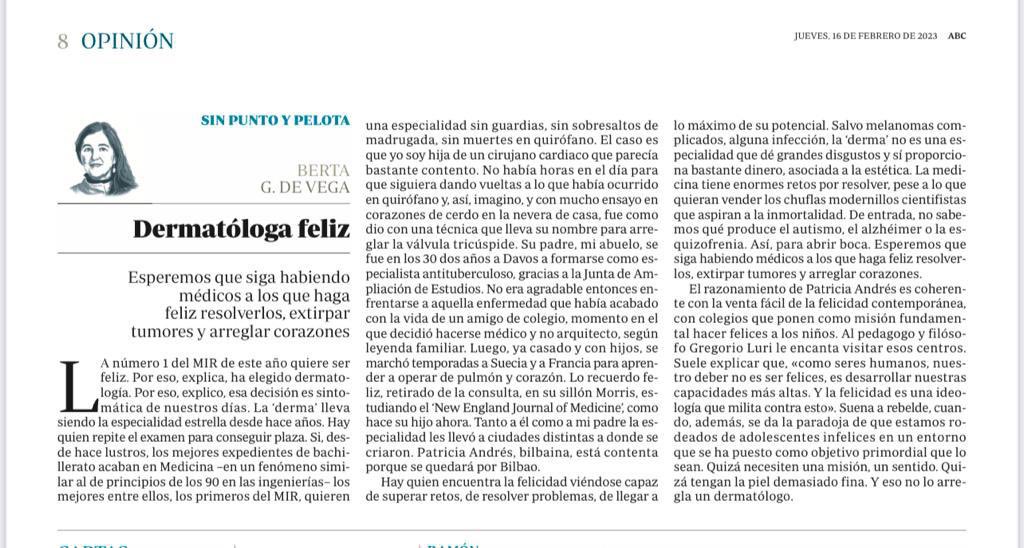 El papá de Berta G de Vega no le transmitió a su hija la suficiente vocación para salvar vidas.

Por eso ahora escribe chuminadas