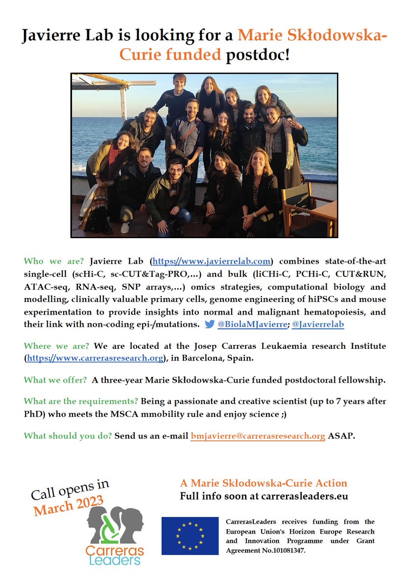 Interested in spatio-temporal genome architecture🧬 and blood malignancies🩸?

Check out the @CarrerasLeaderscall for postdoc supported by 
<a href="/MSCActions/">Marie Skłodowska-Curie Actions</a> #COFUND program!

To discuss wet🔬 and dry💻 opportunities to join 
@Javierrelab, please contact me.
carrerasresearch.org/en/carreraslea…