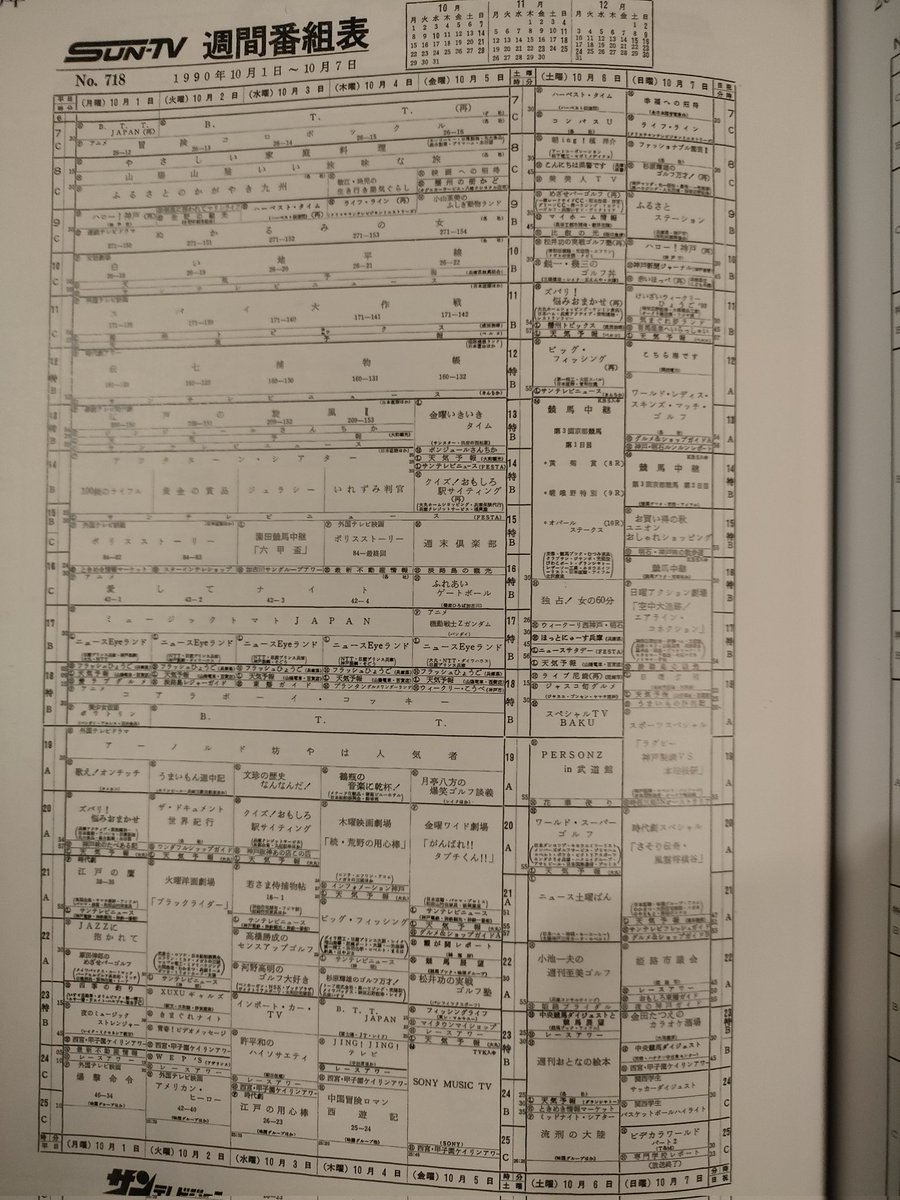 サンテレビの番組表③ 今回は1990年。独立局の全盛時代。 TXとのネット