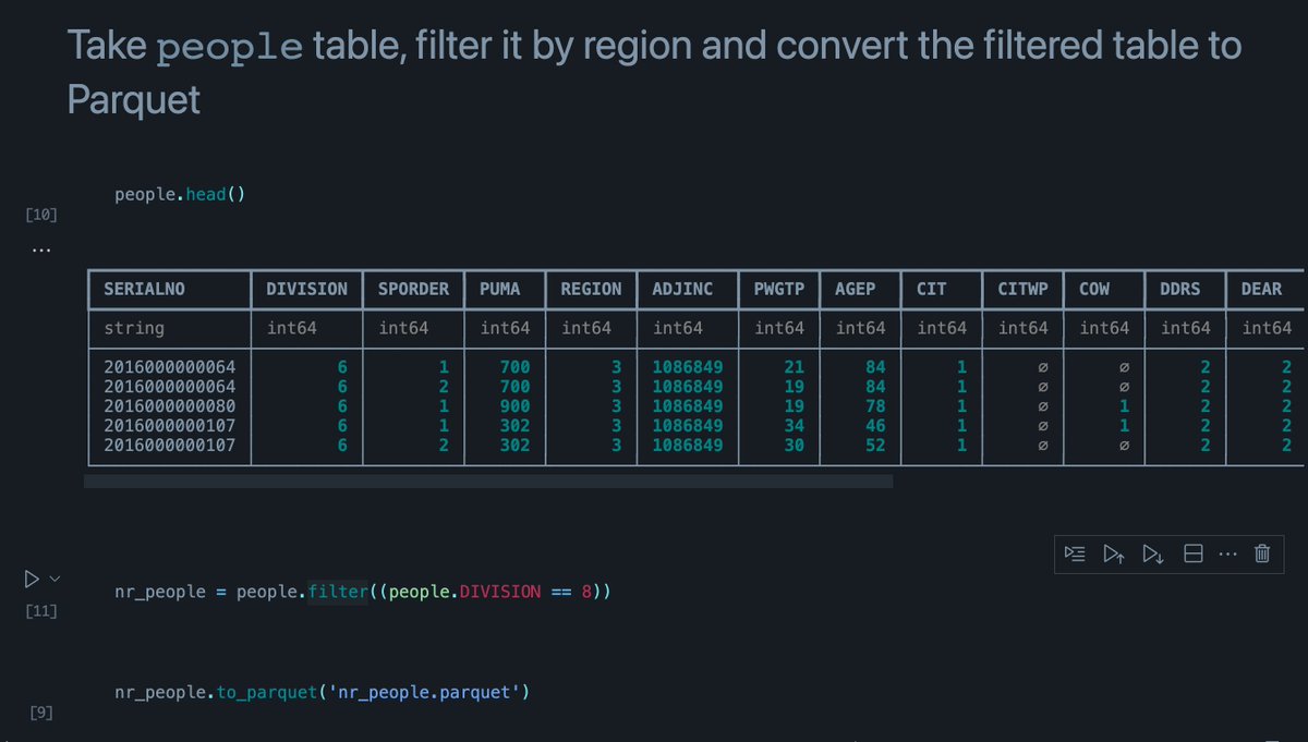 IbisData's tweet image. We&apos;re starting to get excited about the 5.0.0 release🚀

Here&apos;s a sneak peak of one of the many additions to our library👀 

`to_parquet` let&apos;s you take any Ibis table and convert it into a Parquet file. Ibis makes working with millions of rows of data a breeze☁️ #portablepython