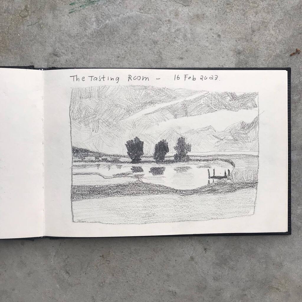 tracyalgar's tweet photo. A cloudy, soggy, muddy sort of day. Views from @the_tasting_room_stanford_hill 
where they measured 104mm of rain yesterday in a short space of time. Driving there was interesting this morning. 

#stanfordsketchers #valuesketch #sketchbook https://t.co/nzyELJcASF https://t.co/3Ou6xRjomJ