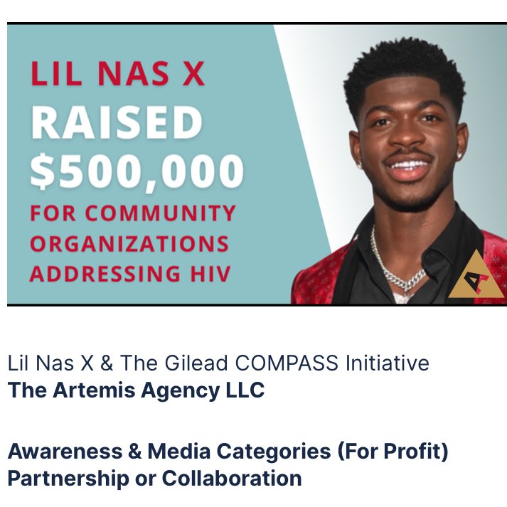 @LilNasX is a Gold winner at the 2023 @AnthemAwards. The Anthem Awards recognize Lil Nas X’s work with @BeOurCOMPASS to raise over $500,000 for community organizations addressing HIV. Congratulations Lil Nas X! anthemawards.com/winners/list/e…