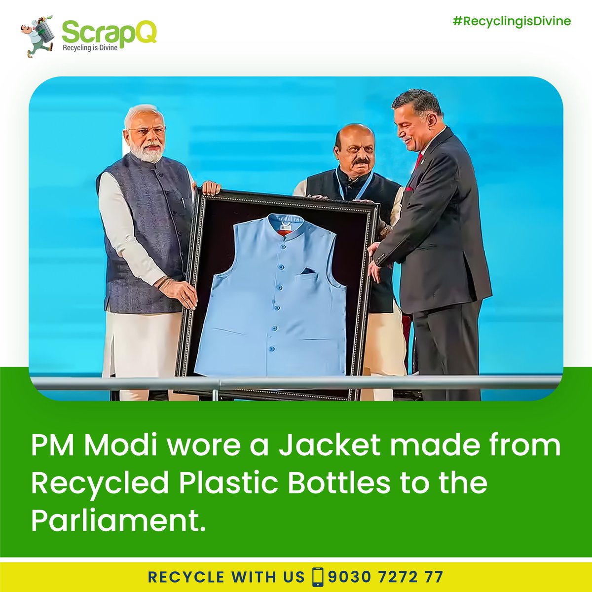 ScrapQ_recycle's tweet photo. In a stunning move, Honourable Prime Minister Narendra Modi Ji recently visited Parliament in a cutting-edge jacket made entirely out of recycled #plastic bottles. β»οΈ
The jacket was presented by the Indian Oil Corporation during India Energy Week in Bengaluru.
#ScrapQ #PMModi https://t.co/G9nLHt8jmm