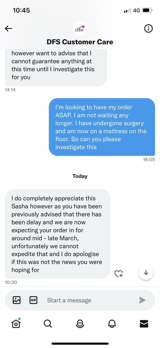 SashaBreed's tweet photo. YET AGAIN been let down by @DFSCare @DFS. Order placed in November, the delivery company HAD the bed so it’s been ‘made’ yet can’t deliver it until Mid-Late March. Absolutely unacceptable and disgusting customer service. Sick of being told the same thing over and over. https://t.co/YOnjEvXYwf