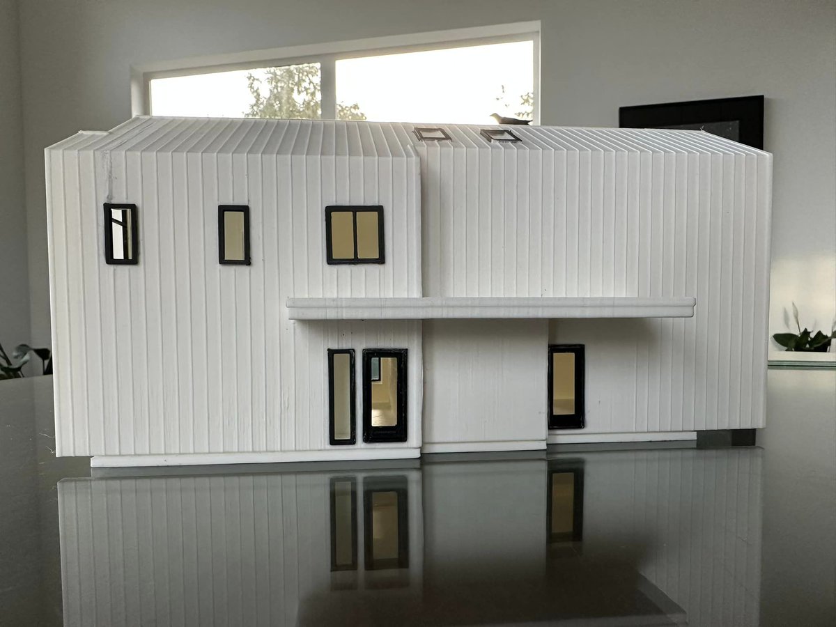 snapmaker's tweet image. This model looks awesome! Our user Ian Kennington designed and 3d-printed a 1:64 scale Scandinavian-style house model for his clients. This #architecturemodel consists of an exterior shell and two interior parts. It was designed in #SketchUp Pro and printed on Snapmaker 2.0.