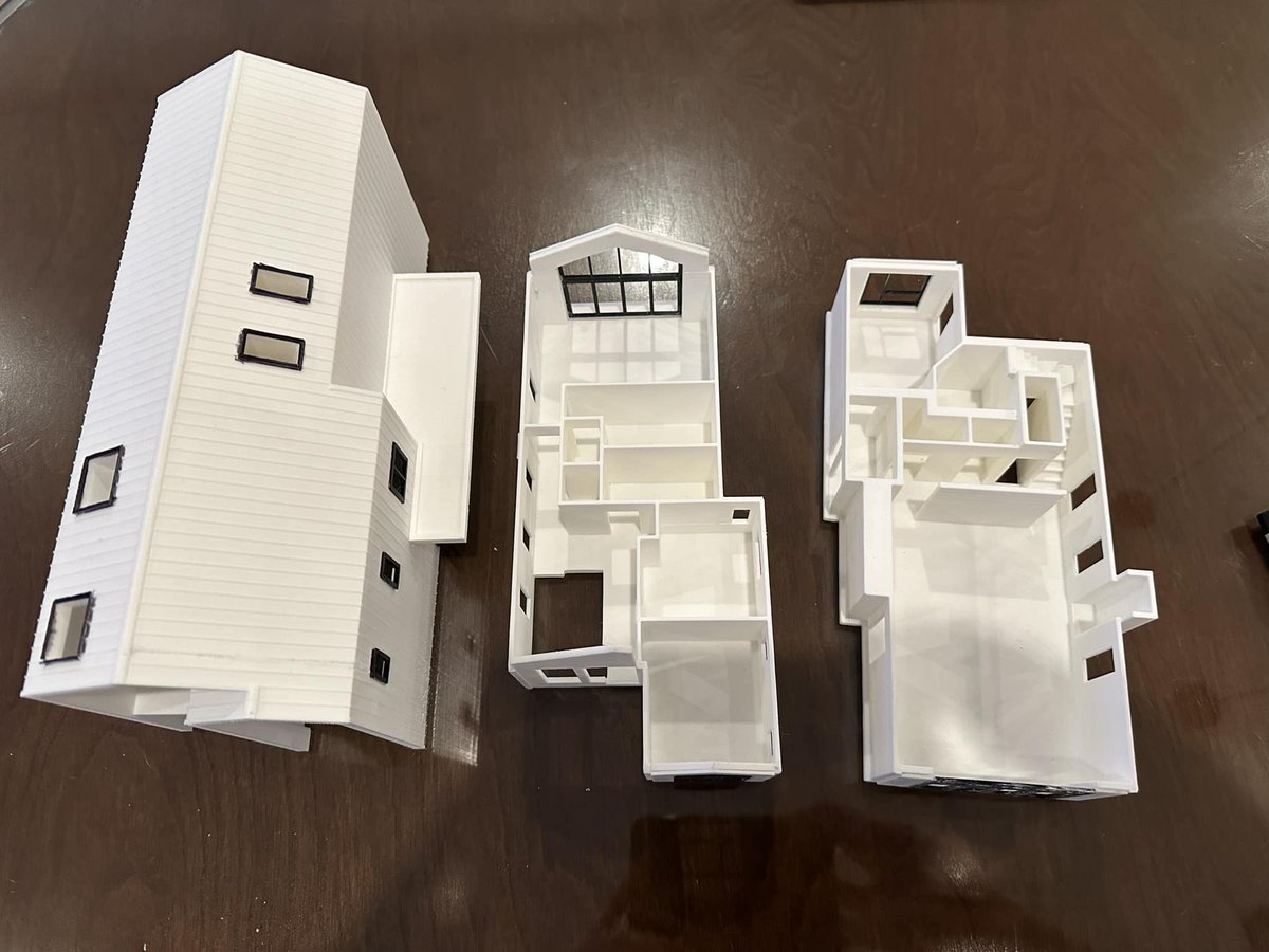snapmaker's tweet image. This model looks awesome! Our user Ian Kennington designed and 3d-printed a 1:64 scale Scandinavian-style house model for his clients. This #architecturemodel consists of an exterior shell and two interior parts. It was designed in #SketchUp Pro and printed on Snapmaker 2.0.