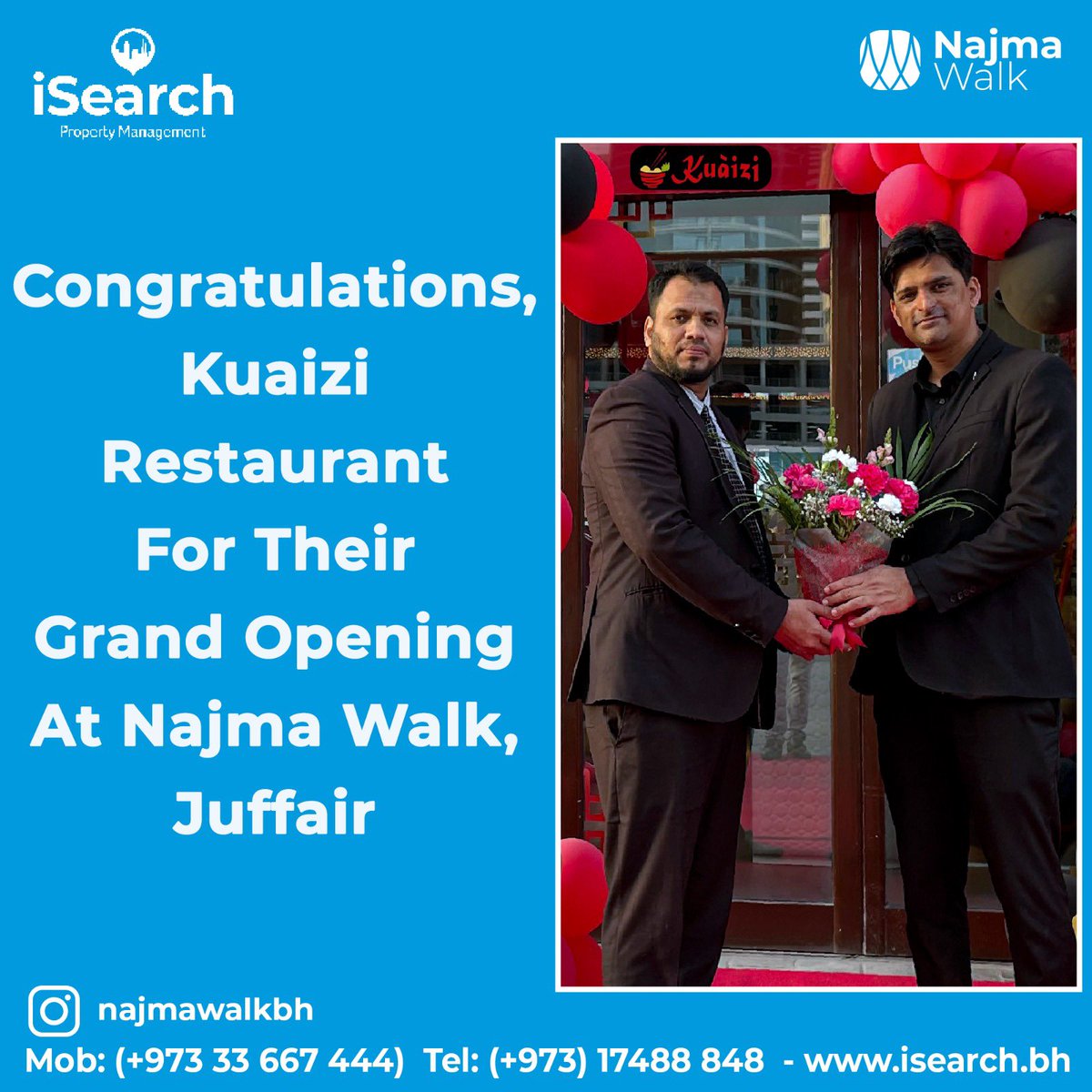 isearch_bh's tweet photo. On the occasion of the official opening of Kuaizi Restaurant at Najma Walk, Juffair, the Property Manager Mr. Mudassir extends warm wishes From Isearch Property Management to Kuaizi Restaurant.

@isearchbh
@kuaizi.bh

#kuaizi #isearch #Bahrain #bh #realestate #food #coffee https://t.co/ce1ckaA6yK