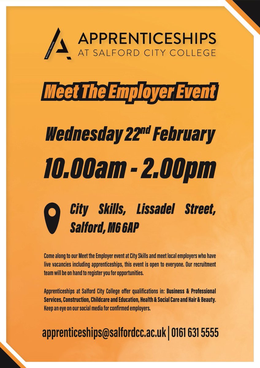 For Y11 <a href="/MoorsideHigh/">Moorside High School</a> pupils seeking apprenticeships, there is a "Meet The Employer" event held next week during half term on Wed 22 Feb with <a href="/SCC_Apprentices/">Apprenticeships at Salford City College</a> at City Skills college, Salford - a great opportunity to impress local employers that are hiring soon! 👨‍💼👷‍♀️