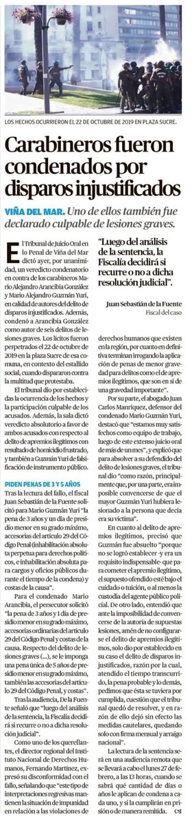 ojodelmedio's tweet photo. LT: Condenan a carabineros por disparos injustificados.
LUN: Condenan a carabineros por caso ocurrido durante estallido.
ElMer Valpo: Carabineros condenados por disparos injustificados.
ElMer: Fallo absuelve de apremios ilegítimos a carabineros que dispararon durante estallido. https://t.co/KVqBo8eHwt