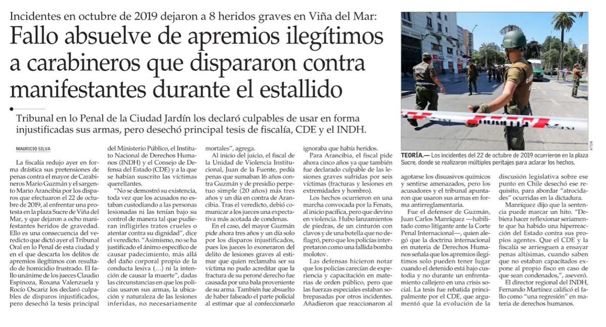 ojodelmedio's tweet photo. LT: Condenan a carabineros por disparos injustificados.
LUN: Condenan a carabineros por caso ocurrido durante estallido.
ElMer Valpo: Carabineros condenados por disparos injustificados.
ElMer: Fallo absuelve de apremios ilegítimos a carabineros que dispararon durante estallido. https://t.co/KVqBo8eHwt
