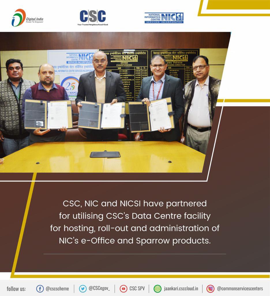 CSCegov_'s tweet image. CSC, NIC and NICSI have come together for utilising CSC’s #Data Centre facility for hosting NIC’s e-Office and SPARROW products and it’s roll-out. The MoU was signed yesterday between MD, CSC SPV Sanjay Rakesh, DDG, NIC Rachna Srivastava and MD, NICSI Vinay Thakur.  #Digital