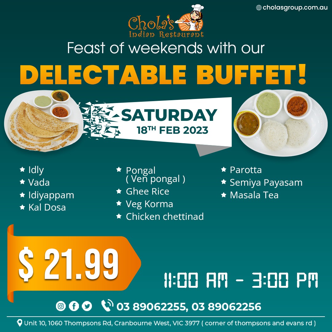 CholasIndian's tweet photo. Feast of weekends with our DELECTABLE BUFFET!✨😋
SATURDAY 18TH FEB 2023,11:00 AM - 3:00 PM👩‍🍳😍

#cholasindianrestaurant #fotd #dailyfood #buffettable #platter #apperitif #appetizer #nonvegfood #indianrestaurant #australia #indianfood #indiancuisines https://t.co/7bTsmybW3D