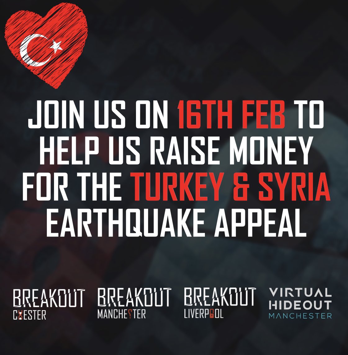 30% of income from all bookings on Thursday the 16th of February will be donated towards the Turkey &amp; Syria earthquake appeal to help those in need and to provide essential supplies.

Thank you ❤️
.
.
.
#donate #turkey #syria #earthquakeappeal 
#breakoutmanchester