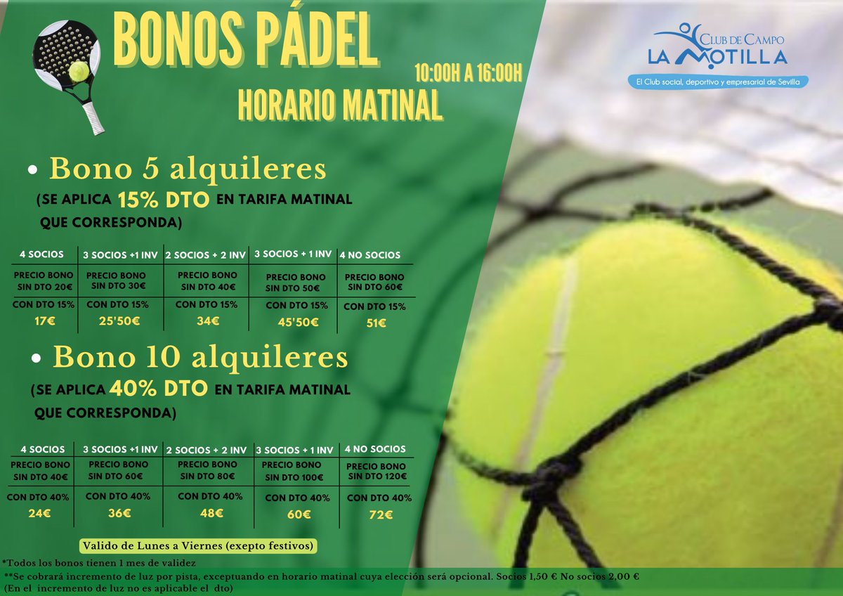 📣HAZTE YA CON NUESTROS BONOS DE ALQUILER DE PISTAS Y DISFRUTA DE SUS VENTAJAS.

-Bono de 5 alquileres (horario matinal de L a V)- 15% dto
-Bono de 15 alquileres (horario matinal de L a V)- 40% dto

¡Nos vemos en las pistas!