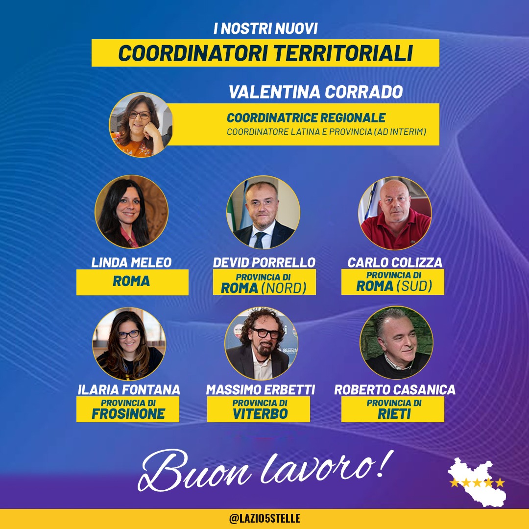 M5SLazio's tweet photo. ⭐⭐⭐⭐⭐I nostri migliori auguri di buon lavoro ai nuovi #coordinatori territoriali @Mov5Stelle per il #Lazio individuati dal Presidente @GiuseppeConteIT!
Scopri di più qui👉https://t.co/48RkfNw15n https://t.co/2RDWYiguVH