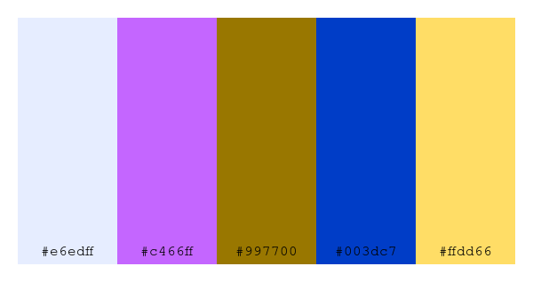 ColPaletteBot's tweet photo. Beep beep, here's a pretty color palette for you!
color-scheme.js parameters used:
- hue: 87
- variation: hard
- colors: #e6edff, #c466ff, #997700, #003dc7, #ffdd66
Have a lovely day!
#twitterbot #colorpalette #colors #palette #prettycolors https://t.co/IrnFOLte2i
