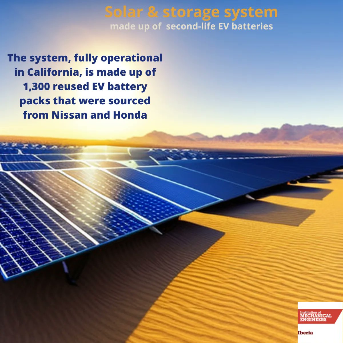 IMecheIberia's tweet photo. A #hybrid #solar and storage facility comprised of 1,300 reused #EV battery packs, that were sourced from @Nissan and @Honda, is fully operational in California. More info: 
https://t.co/hgAeBcgivp https://t.co/yOkhw844A2