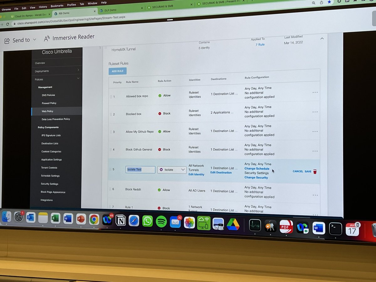 IngensNetworks's tweet image. Demo final con #CiscoUmbrella y DLP (Data Leak Protection) donde muestran ejemplos de bloqueo en tiempo real con un potencial wetransfer. @cisco_spain @meraki @CiscoPartners