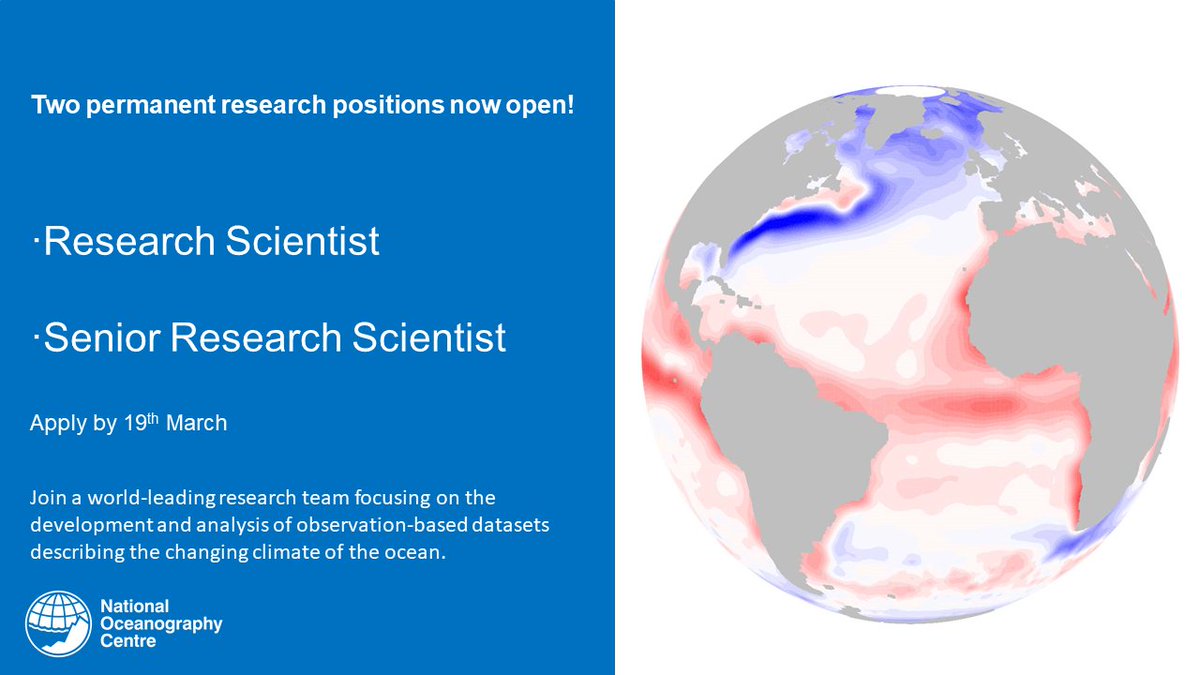 📢#JobAlert📢

Want to develop new datasets to improve our understanding of #ClimateChange over the global ocean? 

Permanent #researchPositions open for applications at @NOCnews

🗓️19th March

🔗tinyurl.com/NOCresearch513…

🔗tinyurl.com/NOCseniorResea…

#OceanJobs #MetJobs #StatsJobs