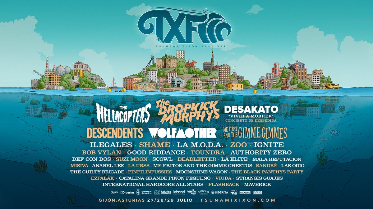 TsunamiXixon's tweet photo. Por fin podemos compartir con vosotros el
cartel de TSUNAMI XIXÓN FESTIVAL 2023 🌊

The Hellacopters,  @DropkickMurphys y
@desakatorock encabezarán el cartel de nuestra
próxima edición. En total, más de 35 bandas inundarán Xixón
con su música los días 27, 28 y 29 de julio 🤟🏻 https://t.co/qjsX4gbRKm