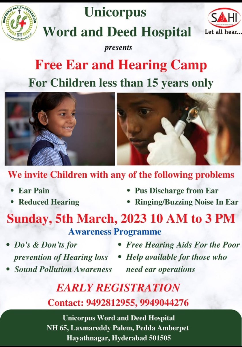 UnicorpusHealth's tweet photo. Free Ear Health Camp by @UnicorpusHealth
on March 5th from 10am to 3pm.
#auditoryhealth #childhealth #hearingcheckup #hearingcamp #freehealthcamp #earcare #healthykids #communityservice #pediatricaudiology #March5th #sunday #unicorpushealthfoundation #childwellness https://t.co/Tf5m4pIIZP