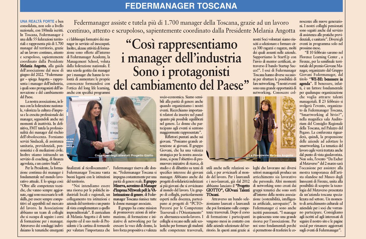 La Presidente di Federmanager Toscana, Melania Angotta, è stata intervistata dal Sole 24 Ore, sul Dorso Pluriregionale “CENTRO”.

#sole24ore #federmanager #federmanagertoscana