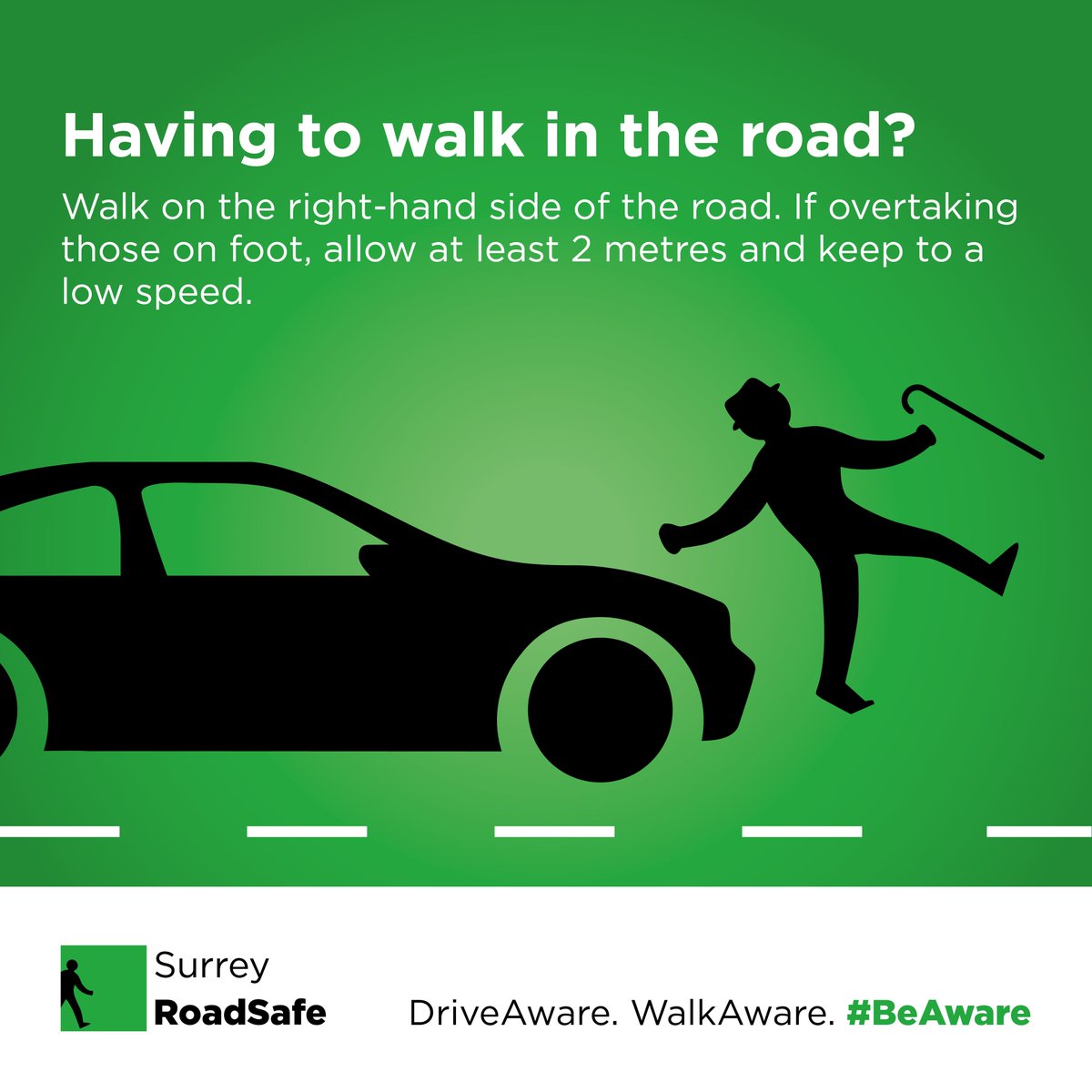SurreyRS's tweet photo. We all share the roads, & occasionally pedestrians might have to walk in a road.
If you need to pass a pedestrian, make sure you leave at least 2 metres & pass at low speeds.
If you're having to walk in the road, walk on the right-hand side.
#DriveAware #WalkAware #BeAware https://t.co/8pbUQz8OHq
