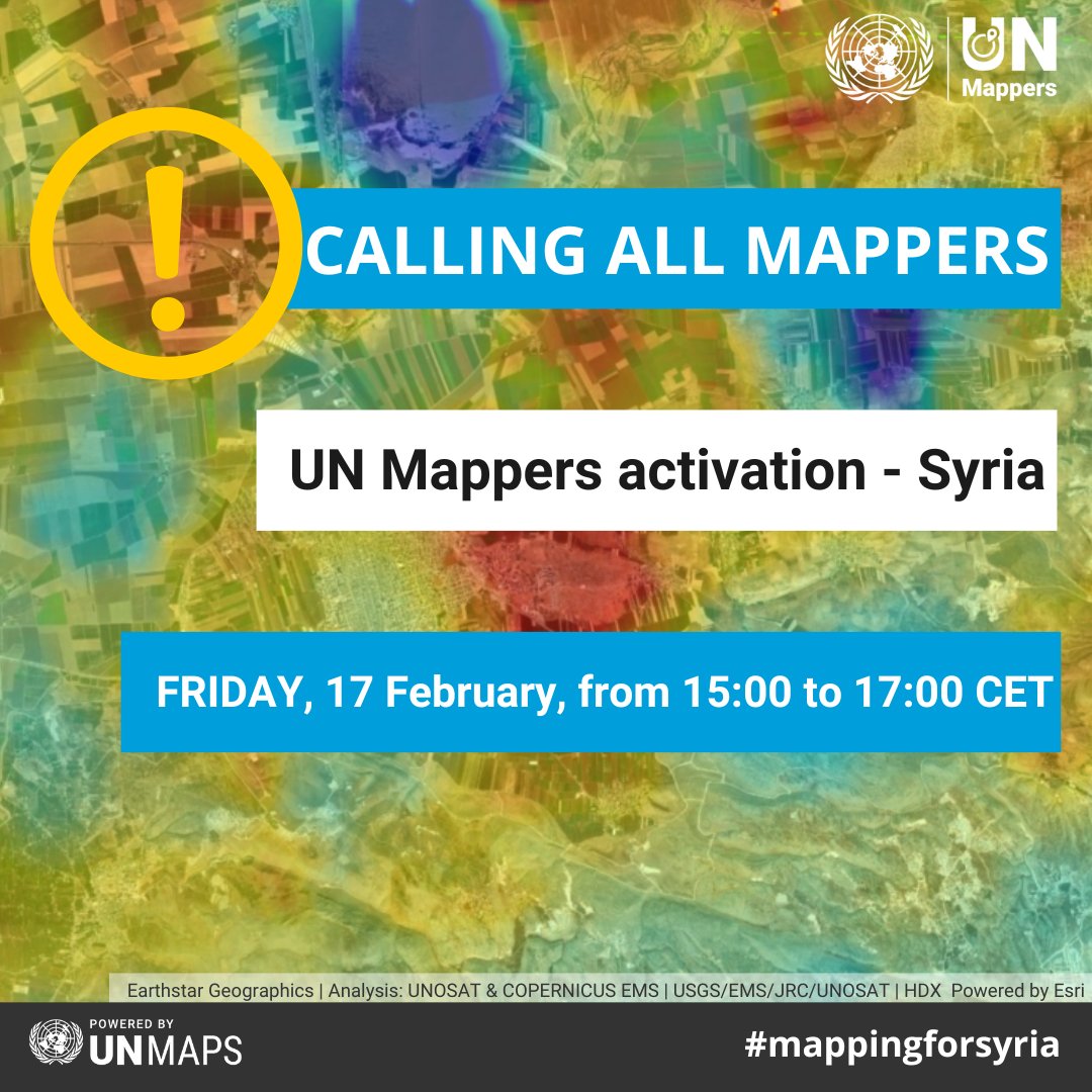 Let's keep contributing! Thanks to your efforts, a huge deal of work was done last week.
We invite you to a new mapathon in #Syria.
🗓️Friday 17 Feb.
🕒15 to 17 CET
👉 tinyurl.com/17MapSyr
Check this map made by UNOSAT 
👉 tinyurl.com/UNOSA
#TurkeySyriaEarthquake