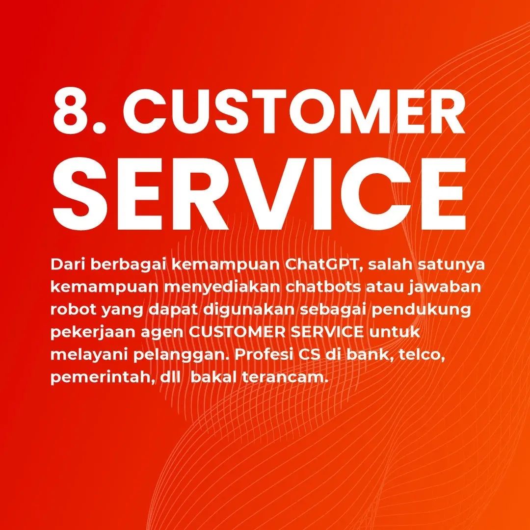 yuswohady's tweet photo. Berikut profesi &amp; pekerjaan yang bakal "DIBUNUH" CatGPT 😭😭😭 https://t.co/hc44Jw5Vci