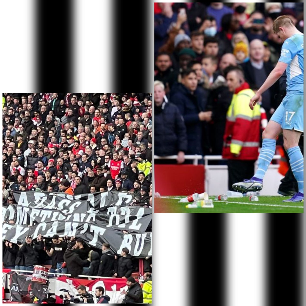 Magpie24_7's tweet photo. “Arsenal FC - Class and Tradition. Something OIL money can’t buy” dig at #NUFC and Man City at the Emirates at the weekend 🤔 

Last night the same fans of 'class and tradition' pelt an opposition player with bottles as they aren't used to loosing! 

#NUFCFans 🤡🎪 https://t.co/iZwzBRfHAu