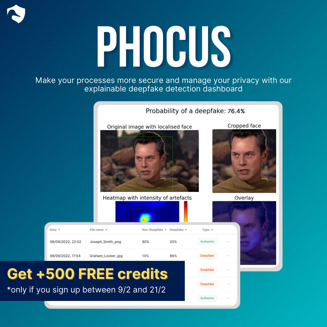 DuckDuckGooseAI's tweet photo. Our explainable #deepfake detection tool is now available with Phocus! 

Be one of the first to use our dashboard and receive +500 FREE credits. Use these credits to upload images or videos to determine if they are a deepfake.

Reply to this post or contact us to learn more! https://t.co/DWLW6si0pd