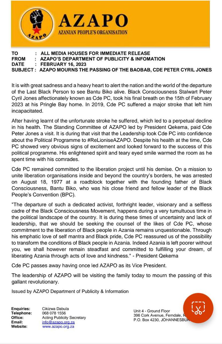 Azapo mourns the death of its leader and the last Black man to see  Biko alive <a href="/SABCNews/">SABC News</a> <a href="/News24_Business/">News24 Business</a> <a href="/IOL/">IOL News</a> <a href="/TheStar_news/">The Star</a> @SAfmnews <a href="/SABreakingNews/">SA Breaking News</a> <a href="/POWER987News/">POWER987News</a> <a href="/POWER987News/">POWER987News</a>