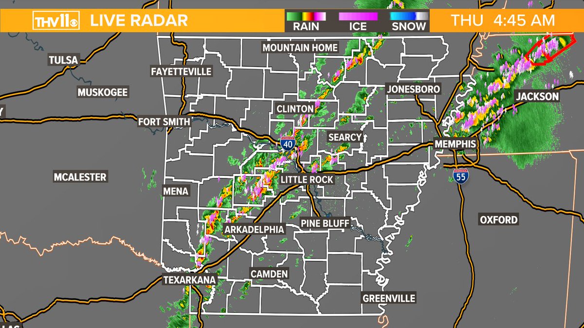 SkotWx's tweet photo. 5:08 AM Radar Update - Non-severe storms continue tracking through the area. A tornado watch remains in effect until noon.  #arwx https://t.co/DQyjKZ1sZR