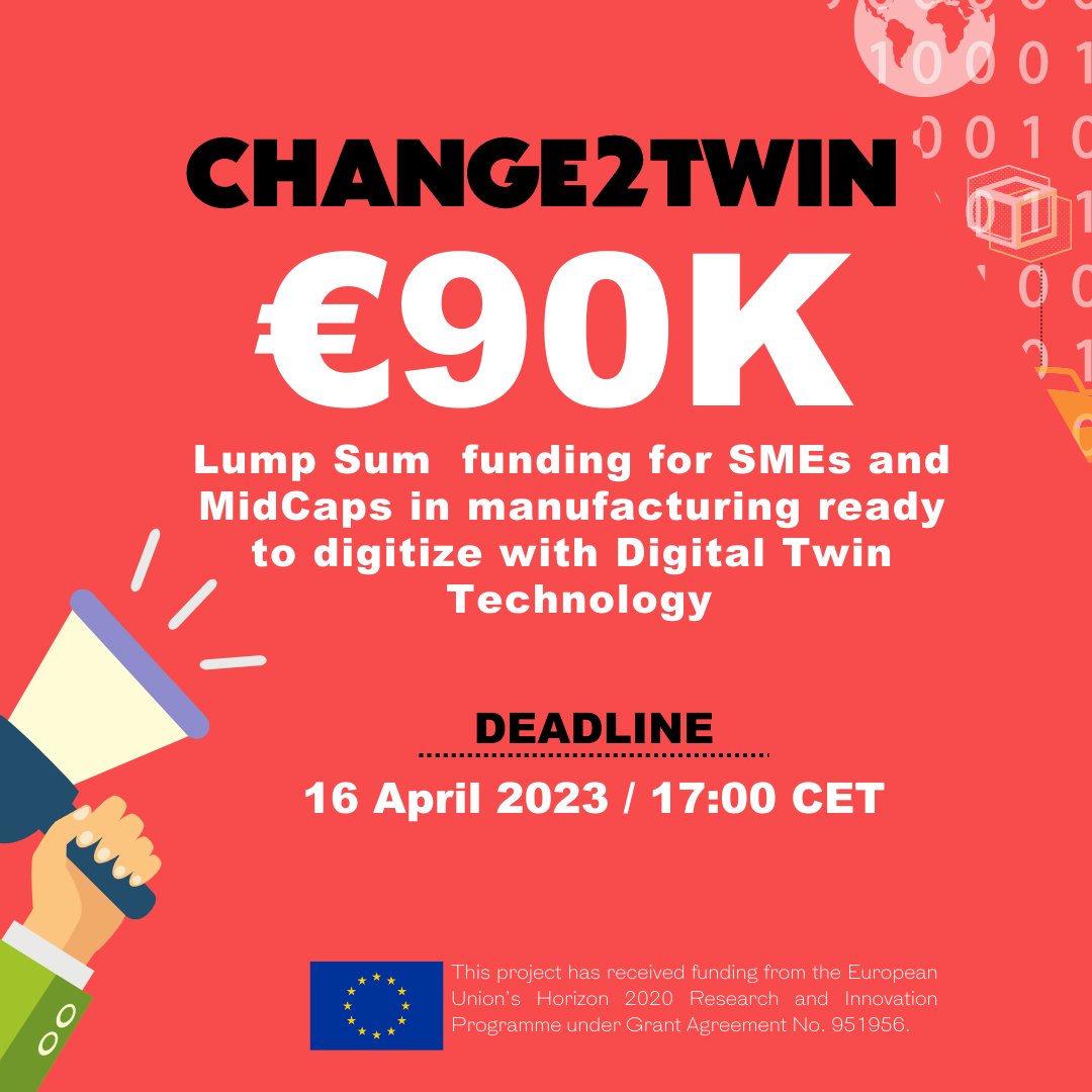 t2iscarl's tweet photo. PMI manifatturiere e imprese mid-cap… @Change2Twin offre 16 buoni del valore di 90,000 EUR per digitalizzare i processi con digital twin.
🗓️ Domande entro il 16 aprile 2023 alle 17:00
👉 Per saperne di più: https://t.co/JNpaDAN7l5

#Horizon2020 #DigitalTwins #Fundingopportunity https://t.co/c0kCfFrsTY