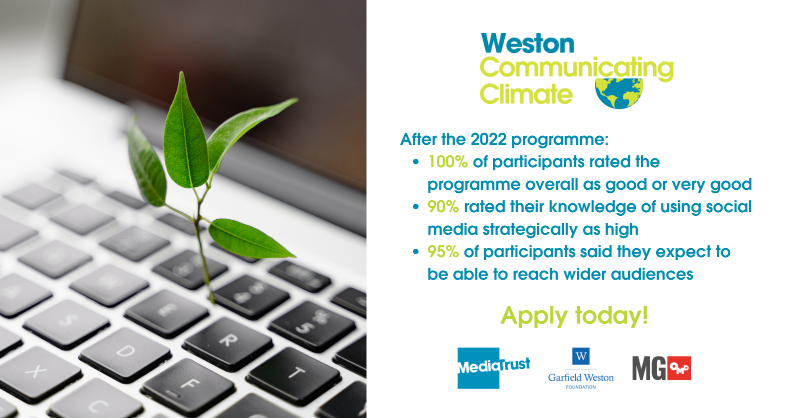 Media_Trust's tweet photo. Applications are open to take part in our free, six-month communications training programme, Weston #CommunicatingClimate!

The programme will support 20 climate charities to enhance the reach, power and impact of their communications. Apply here by 9am on Tuesday 7 March ⬇️