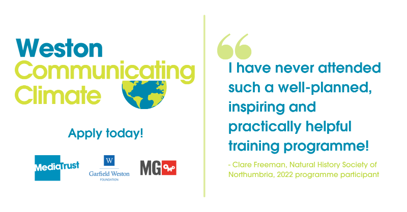 Media_Trust's tweet photo. Applications are open to take part in our free, six-month communications training programme, Weston #CommunicatingClimate!

The programme will support 20 climate charities to enhance the reach, power and impact of their communications. Apply here by 9am on Tuesday 7 March ⬇️