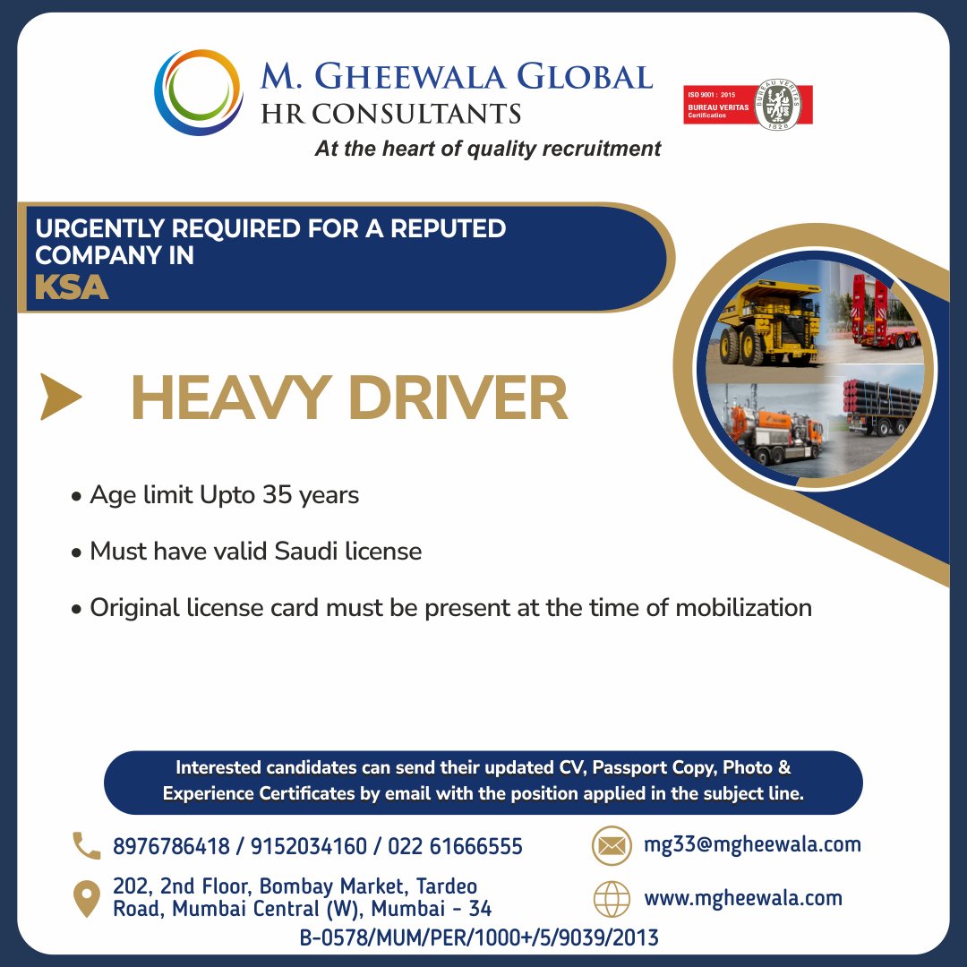 mgheewala_hrc's tweet photo. Job Vacancies for #Saudiarabia
Interested Candidates can send the updated resume to mg33@mgheewala.com
Learn More https://t.co/Ps4bxv2mB1
#driver #heavydriver #driverjob #driving #saudilicense #saudijobs #jobsinsaudi https://t.co/SwDVqBGOAt