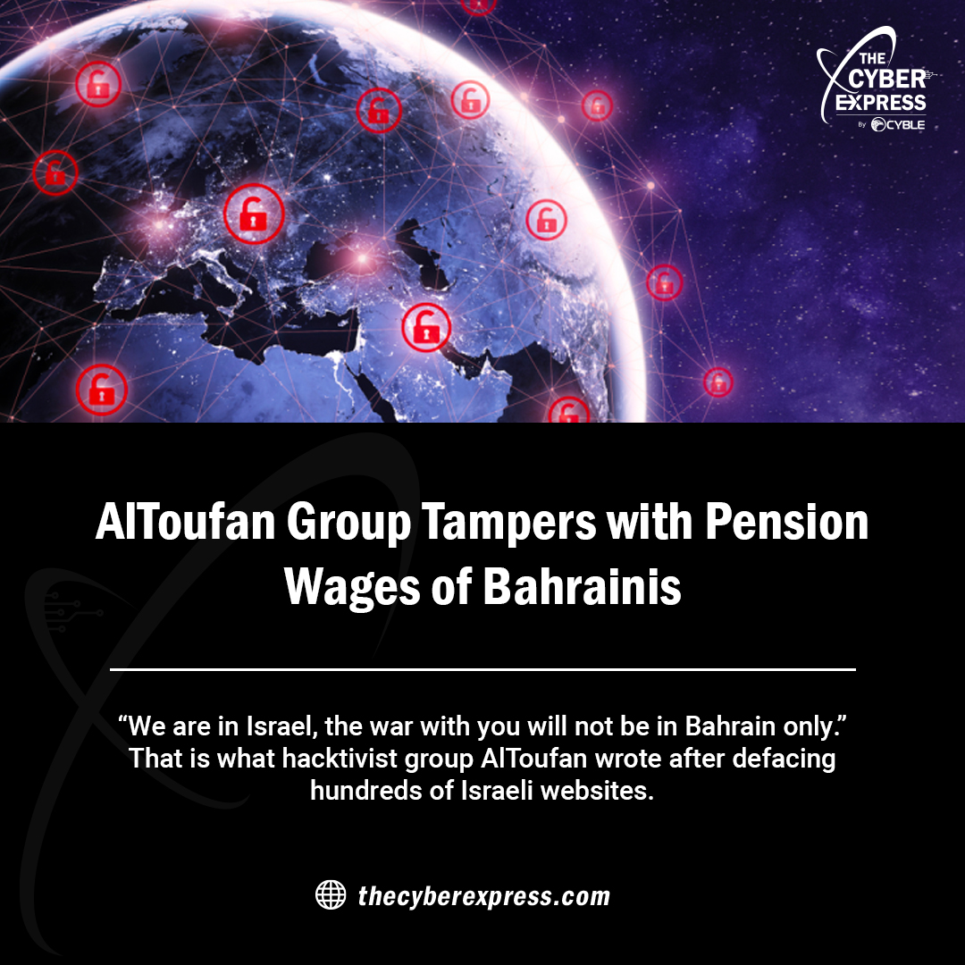 TheCyberExpress's tweet photo. We are in Israel, the war with you will not be in #Bahrain only.” That is what #hacktivist group #AlToufan wrote after defacing hundreds of #Israeli websites. https://t.co/Z4de8kG4CY

#cyberrisk #cybercrime #DDoS #cyberattack #malware #middleeast #hackernews #cybersecuritynews https://t.co/edTgASSJrm