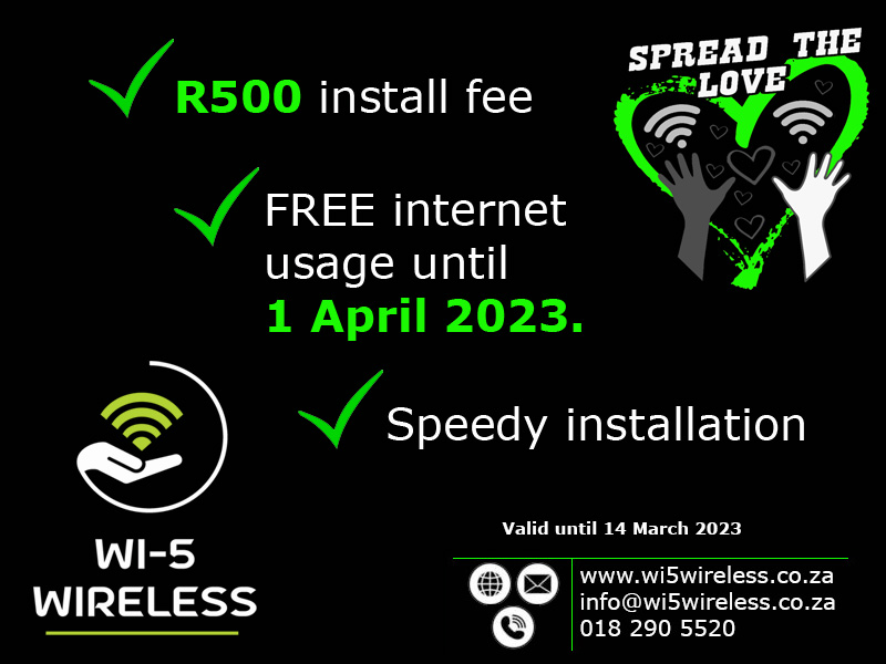 Wi5Wireless's tweet photo. Wi-5 Wireless ISP gives back during the month of love.
This special is valid until 14 March 2023.

#Wi5Wireless #GrabIt #Uncapped #Unshaped #Unthrottled #CustomerService #plaaslikpotch

https://t.co/BhyFl9yPx0
018 290 5520
info@wi5wireless.co.za https://t.co/XuFQVYJ90T