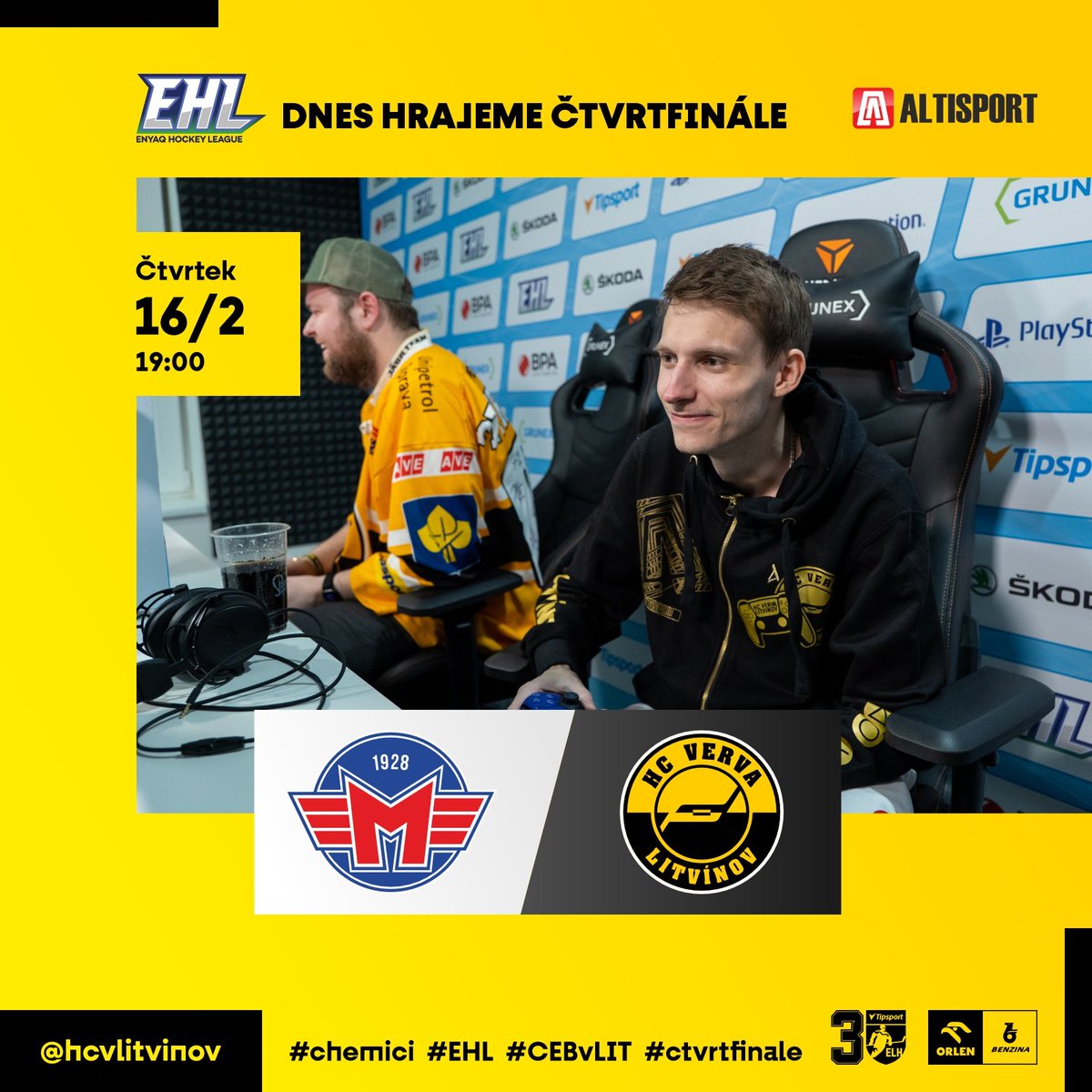 🎮 Naši gameři dnes po 19. hodině nastoupí k čtvrtfinále <a href="/esporthokej/">Esport hokejová liga</a> proti českobudějovickému Motoru! Utkání můžete sledovat v komentovaném přímém přenosu zde: youtube.com/watch?v=_G32e-… #chemici