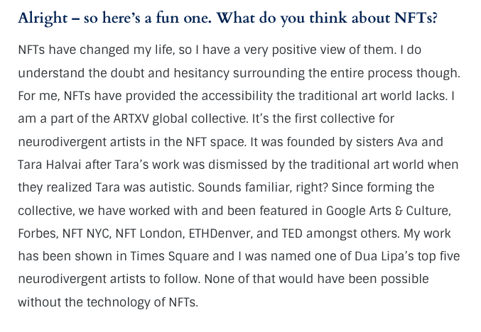 "For me, NFTs have provided the accessibility the traditional art world lacks."

ARTXV artist <a href="/JtotheQuinn/">J. Quinn</a> on NFTs and the impact it can have on underrepresented and underserved creatives ❤️ #Neurodiversity #Diversity #Web3