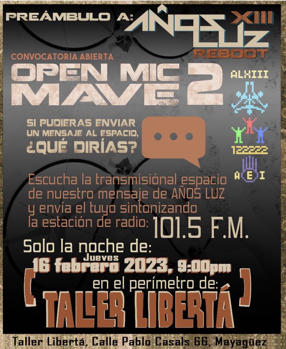 VueltabajoSitio's tweet photo. Hoy jueves 10 de febrero 2023
en #tallerlibertá
.
La Expo estará abierta desde las 6pm
.
Llégale…BYOB…
#matotumba #conversatorio #jammeo #jam #noise #musicjam
#mayagüez #expo #oestepr https://t.co/M1ot1rZj5i