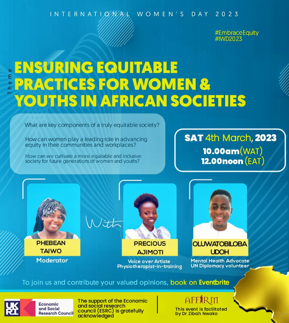 AffirmWoman's tweet photo. What IS the big deal about #EQUITY anyway? Let's hear from you. Join our online conversation on "Ensuring Equitable Practices for Women and Youths in African Societies" โก๏ธ An exciting & insightful session!!!
Date: Sat 4/3/23
Book your place: https://t.co/htAueRHolz
#AfricaForAll https://t.co/ZIp22okKYX