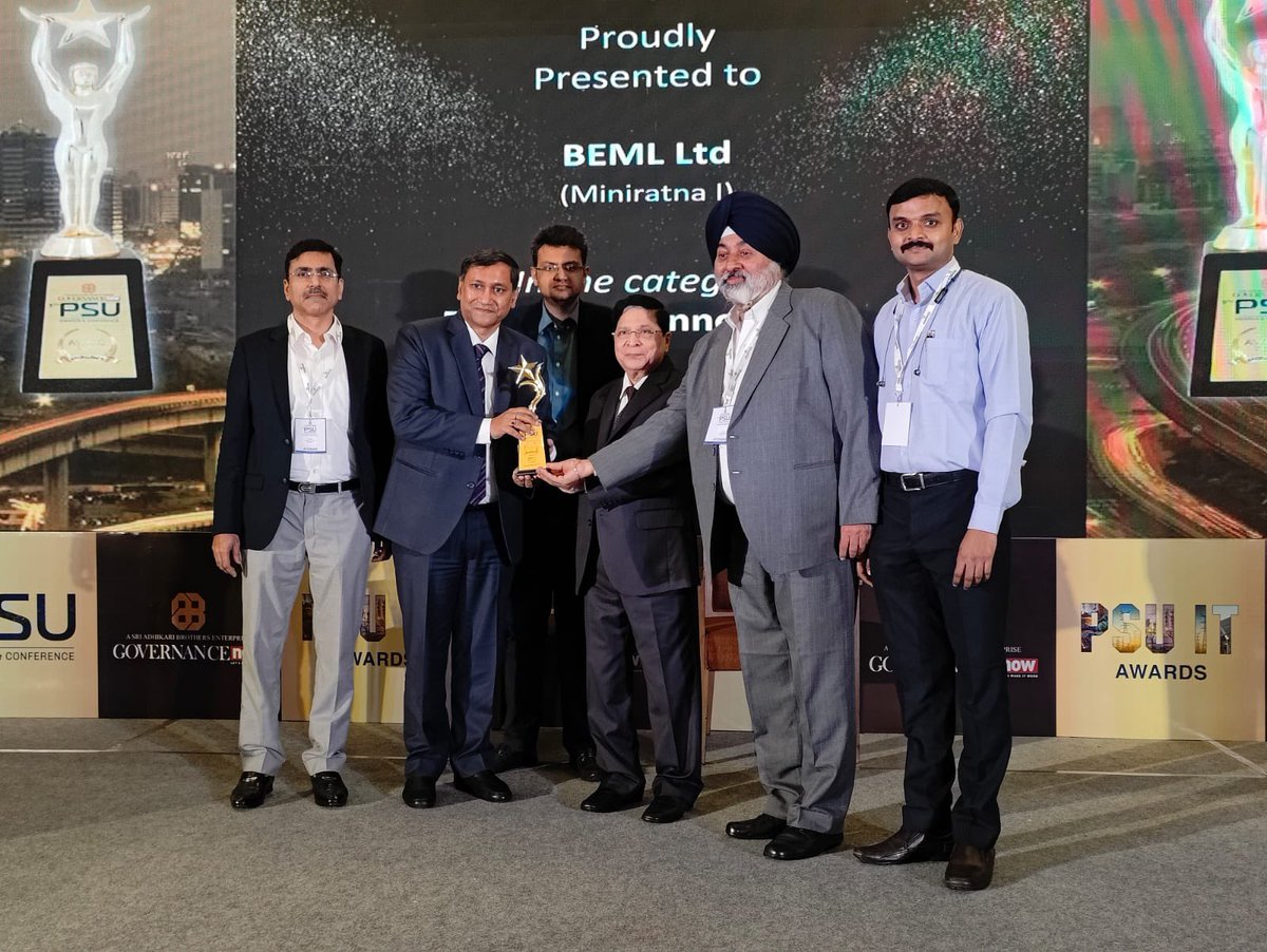 cmdbeml's tweet photo. BEML is honoured with Governance Now 9th PSU  Awards in 2 categories: i) Leadership Award for Shri Amit Banerjee, CMD, BEML ii) Research &amp; Innovation. Received today from Justice Dipak Misra, fmr. CJI https://t.co/97s7scrPv9