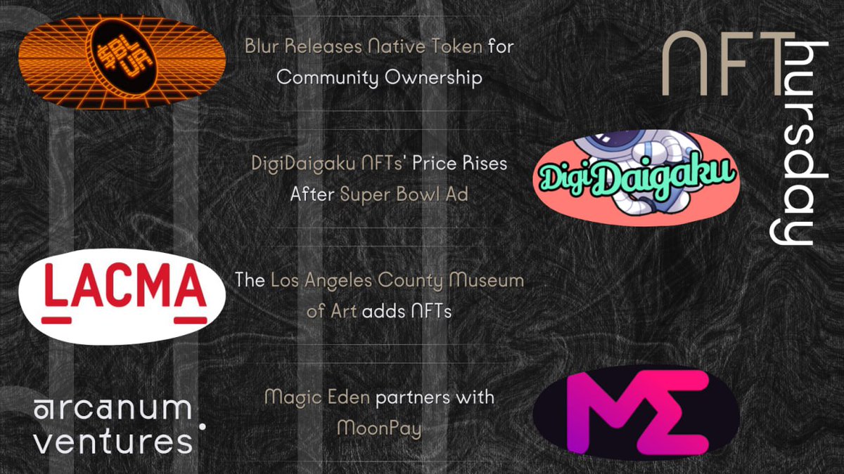 ArcanumVentures's tweet photo. Happy #NFThursday!
We want to dedicate Thursdays to covering all things #NFTs, because we believe they have a massive role to play in the #web3 industry.
Here are a couple of major happenings in the #NFT space over the last week, read the thread below for more info!
🧵⤵️ https://t.co/QzpWa2fcRK